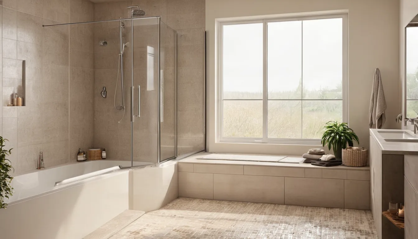 A bright, newly converted walk-in shower with a low entry and grab bar in a Old Westbury home